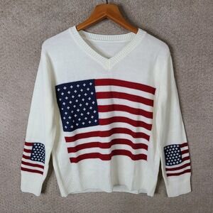 USA American Flag Sweater Mens Medium White Acrylic V-Neck Knit Patriotic